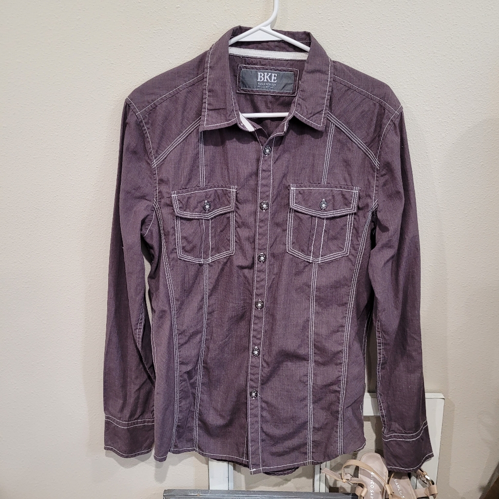 Bke Mens Med Tailored Fit Brown Button Down Contrast Stitching Western Cowboy